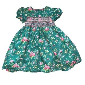 Mini Boden Smocked Dress Girls 4-5Y Green Floral Puff Sleeve Cottagecore G3337